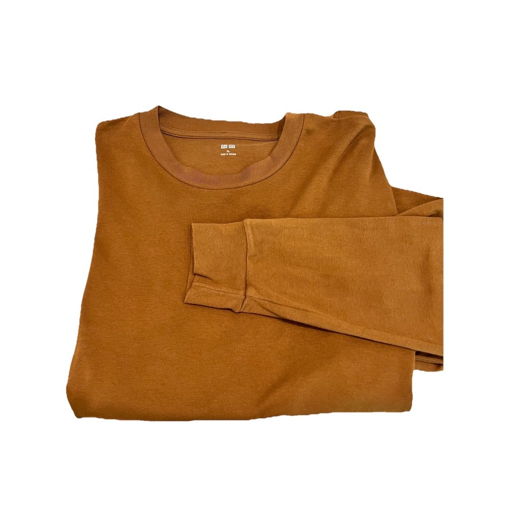Uniqlo Men Shirt XL Camel Brown Crew Neck Long Sleeve Pullover Casual Cotton